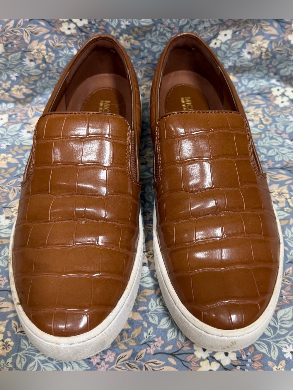Michael Kors Brown Croc-Embossed Slip-On Sneakers with White Soles